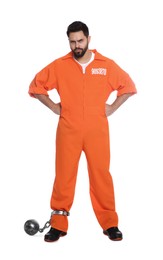 Photo of Prisoner in jumpsuit with metal ball on white background