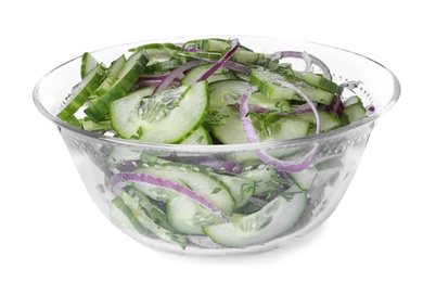 Photo of Fresh tasty salad with cucumber in bowl on white background