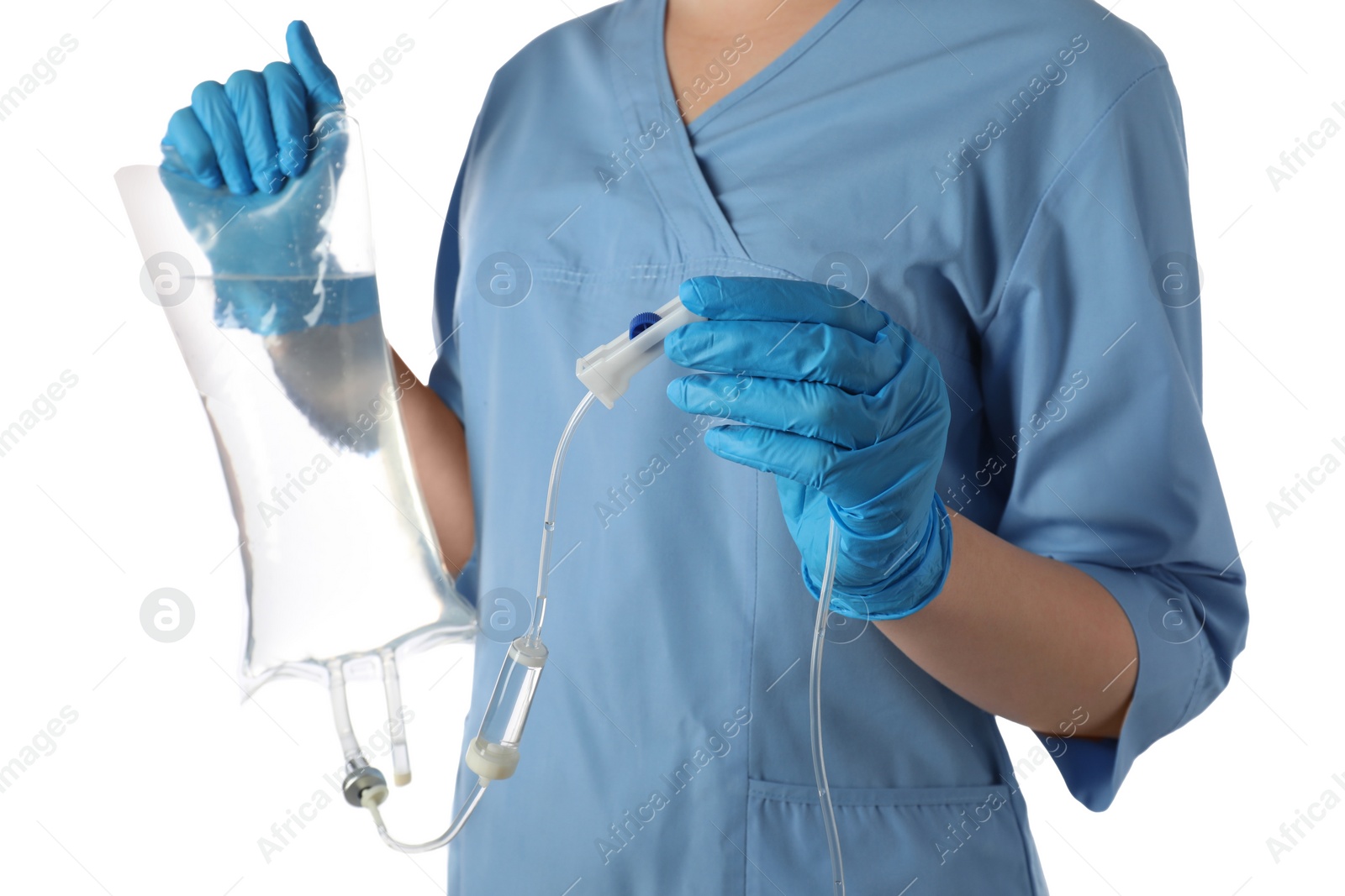 Photo of Nurse with IV infusion set on white background, closeup