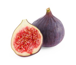 Photo of Whole and cut ripe figs isolated on white