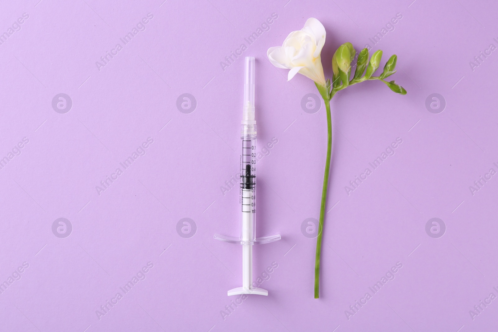 Photo of Cosmetology. Medical syringe and freesia flower on violet background, top view. Space for text