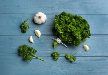 Photo of Fresh curly parsley and garlic on blue wooden table, flat lay