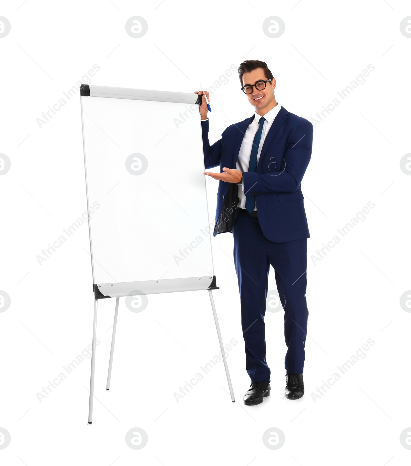 Photo of Professional business trainer near flip chart on white background