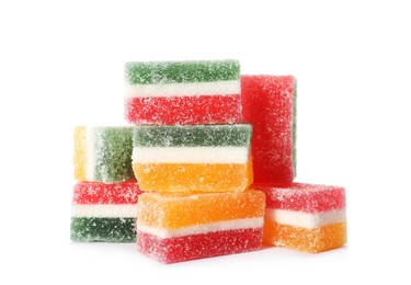 Photo of Pile of fruit jelly candies on white background