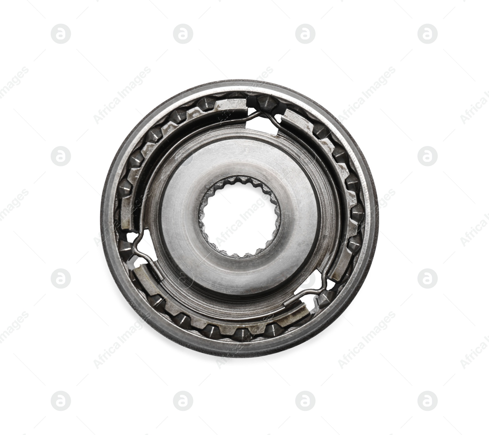 Photo of Stainless steel gears on white background, top view