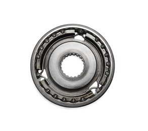 Photo of Stainless steel gears on white background, top view
