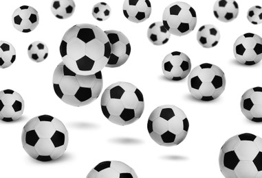 Image of Falling new soccer balls on white background