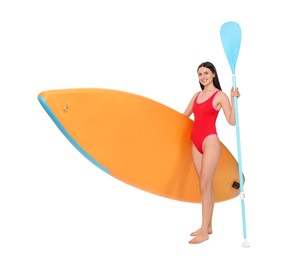 Happy woman with orange SUP board and paddle on white background