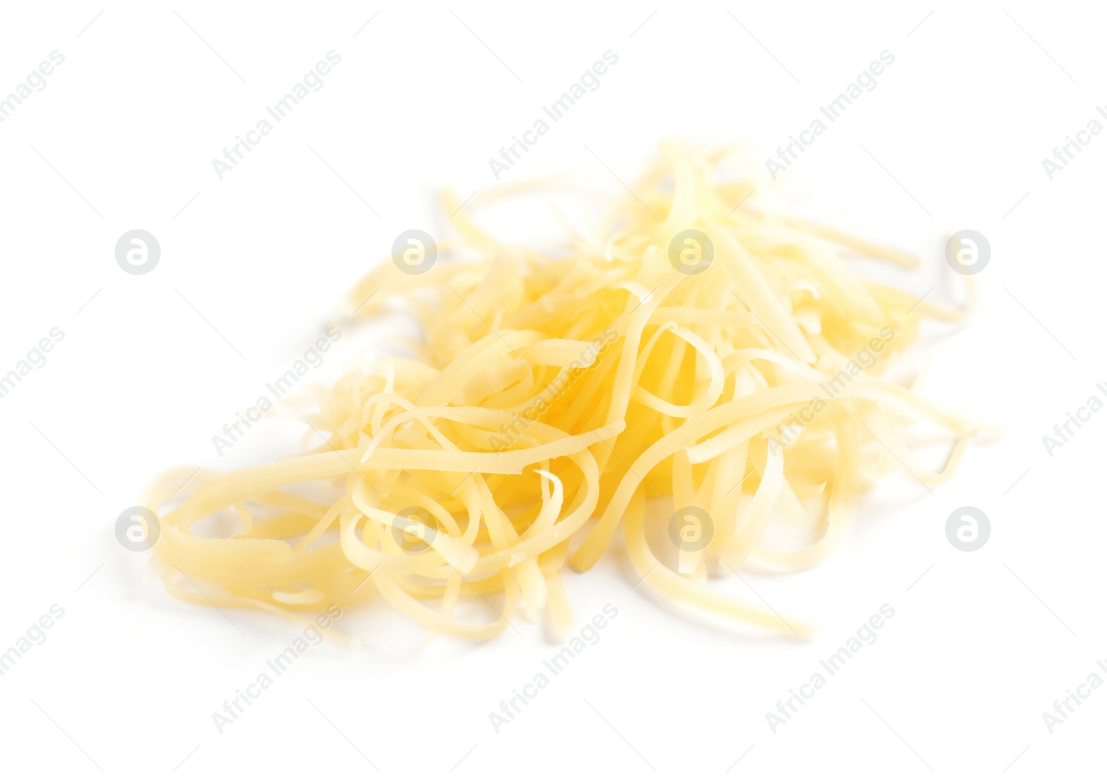 Photo of Heap of grated delicious cheese on white background