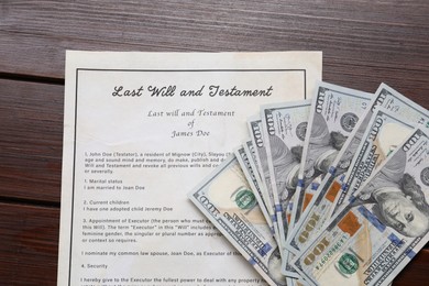 Last Will and Testament with dollar bills on wooden table, top view