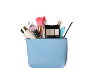 Stylish light blue cosmetic bag with makeup products on white background, top view