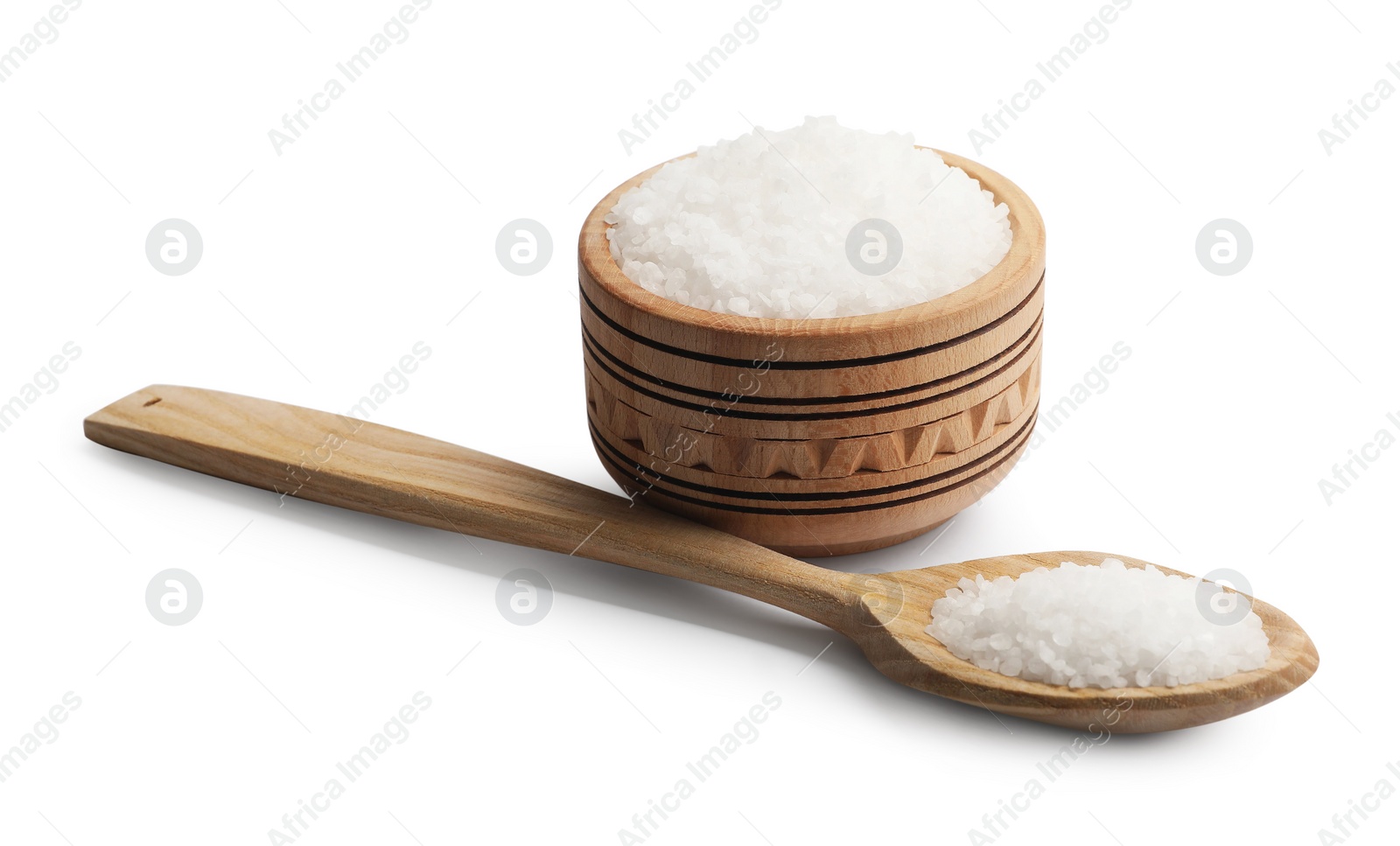 Photo of Natural salt in wooden spoon and bowl isolated on white