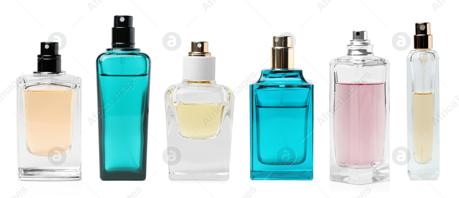 Image of Set with different bottles of perfume on white background. Banner design