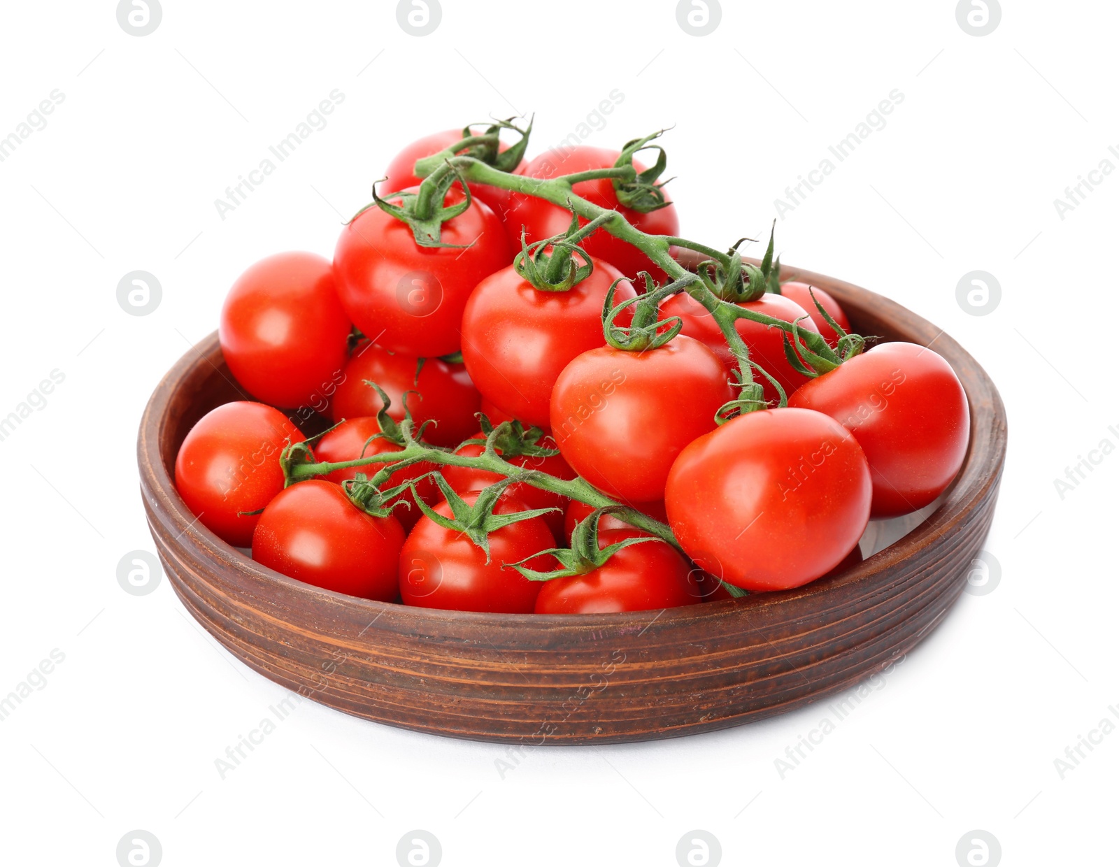 Photo of Wooden plate with fresh ripe tomatoes on white background