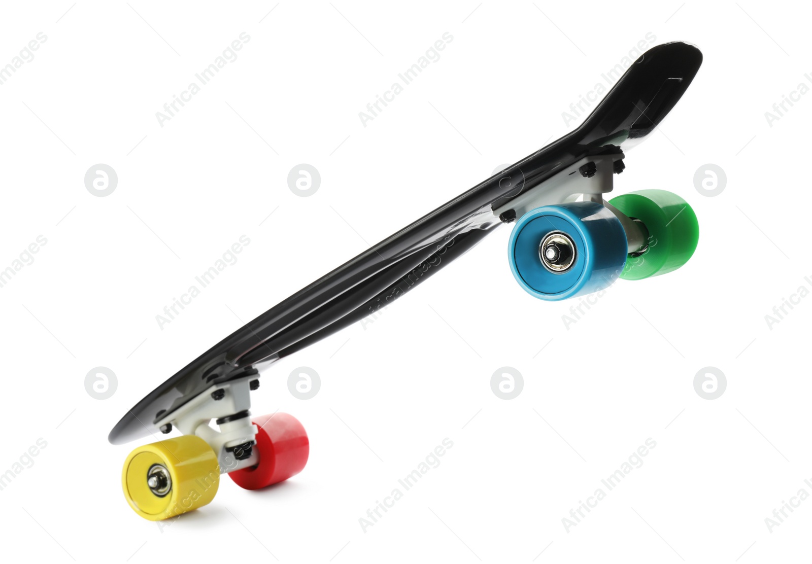 Photo of Black skateboard with colorful wheels isolated on white. Sport equipment