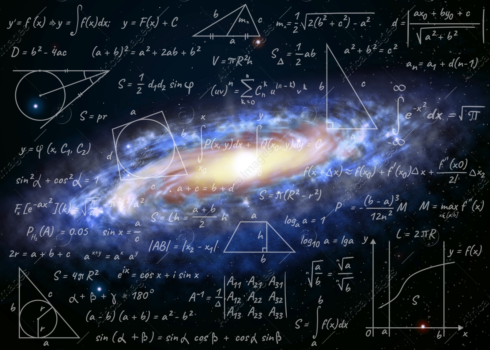Illustration of  basic physics and mathematics formulas and galaxy in universe