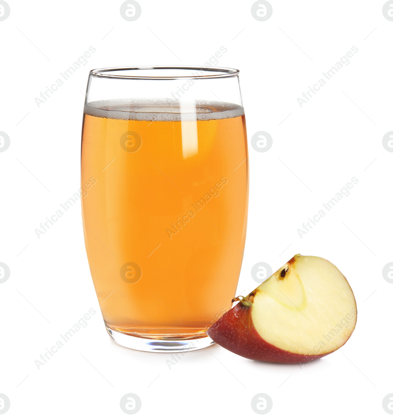 Photo of Glass with delicious cider and piece of ripe apple on white background