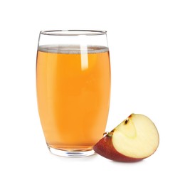 Photo of Glass with delicious cider and piece of ripe apple on white background