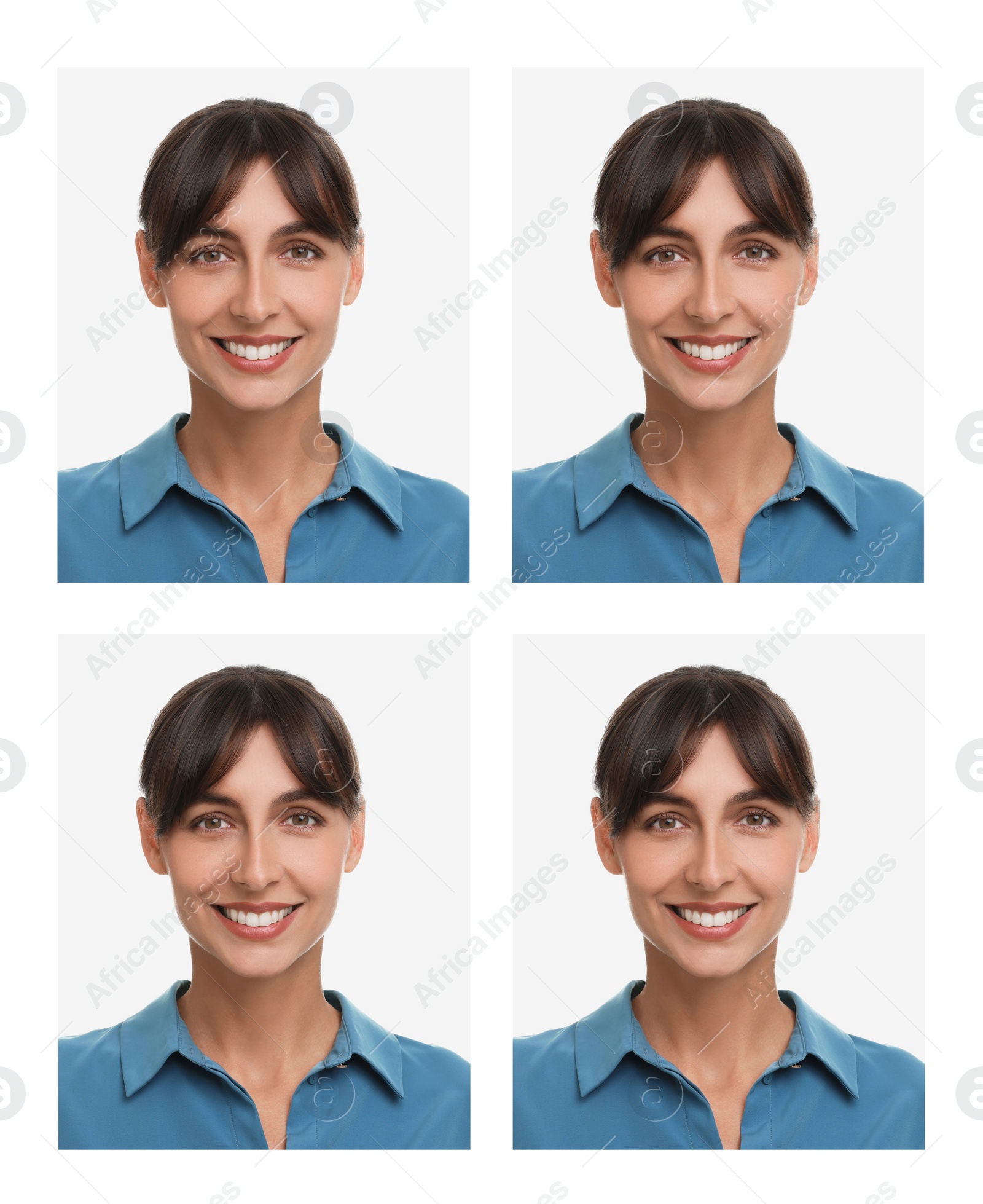 Image of Passport photo, collage. Woman on white background, set of photos