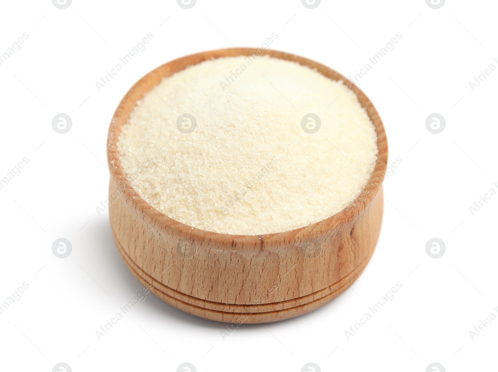 Photo of Gelatin powder in wooden bowl isolated on white