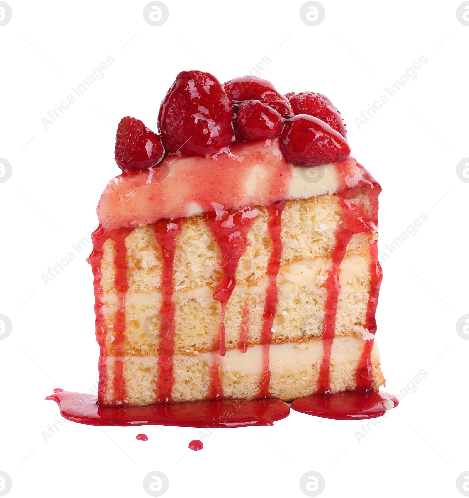 Photo of Piece of tasty cake with fresh strawberries and jam isolated on white