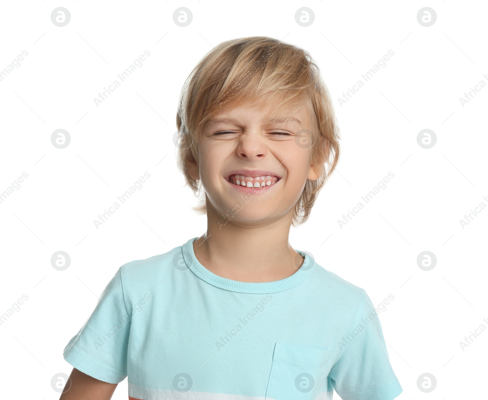 Photo of Portrait of happy little boy on white background