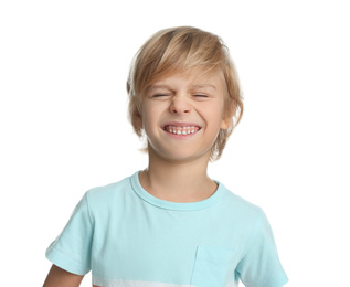 Portrait of happy little boy on white background