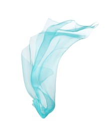 Photo of Beautiful turquoise tulle fabric flying on white background
