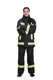 Full length portrait of firefighter in uniform on white background