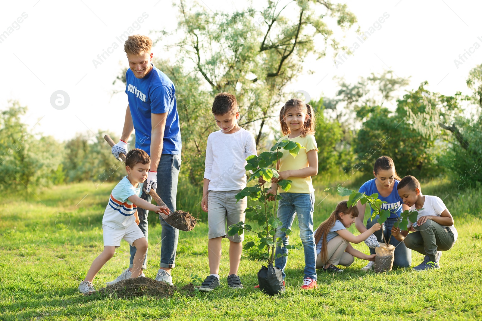 Photo of Kids planting trees with volunteers in park