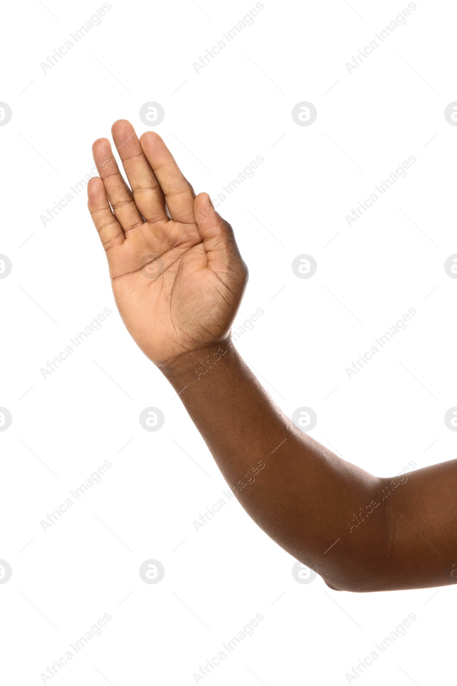 Photo of African-American man showing hand gesture on white background, closeup