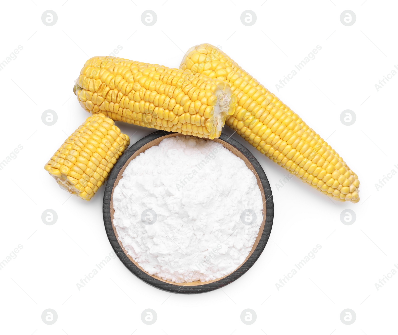 Photo of Bowl of corn starch and ripe cobs on white background, top view