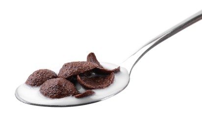 Breakfast cereal. Chocolate corn flakes and milk in spoon isolated on white