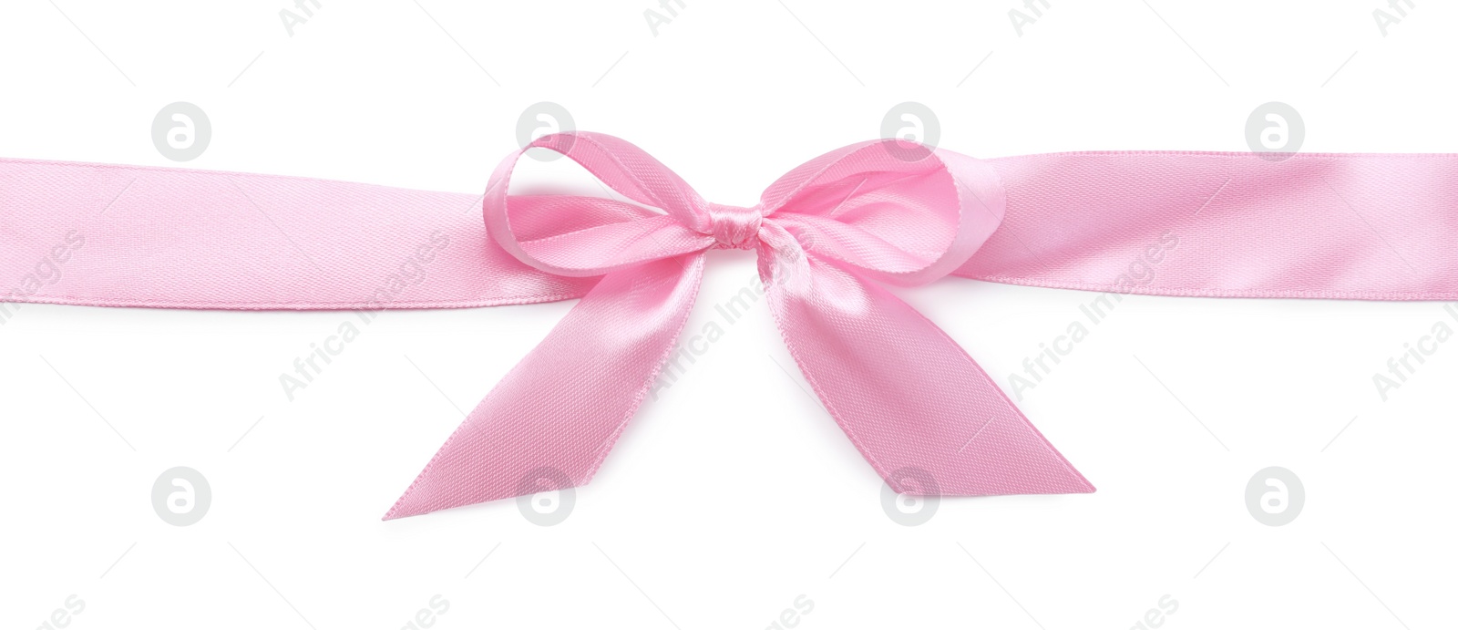 Photo of Pink satin ribbon with bow on white background, top view