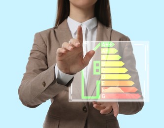 Image of Energy efficiency. Woman with colorful rating against light background, closeup