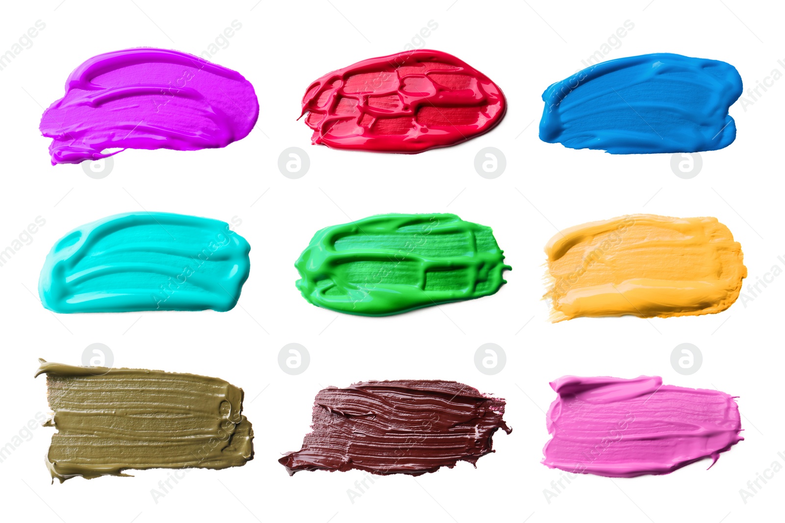 Image of Paint strokes of different colors on white background, top view