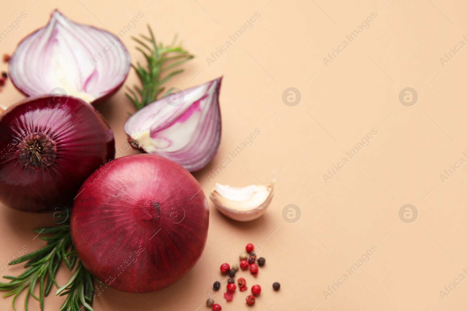 Photo of Fresh red onions, garlic, rosemary and spices on beige background, flat lay. Space for text