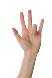 Woman with trigger finger condition on white background, closeup