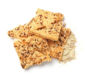 Photo of Grain cereal cookies on white background. Healthy snack