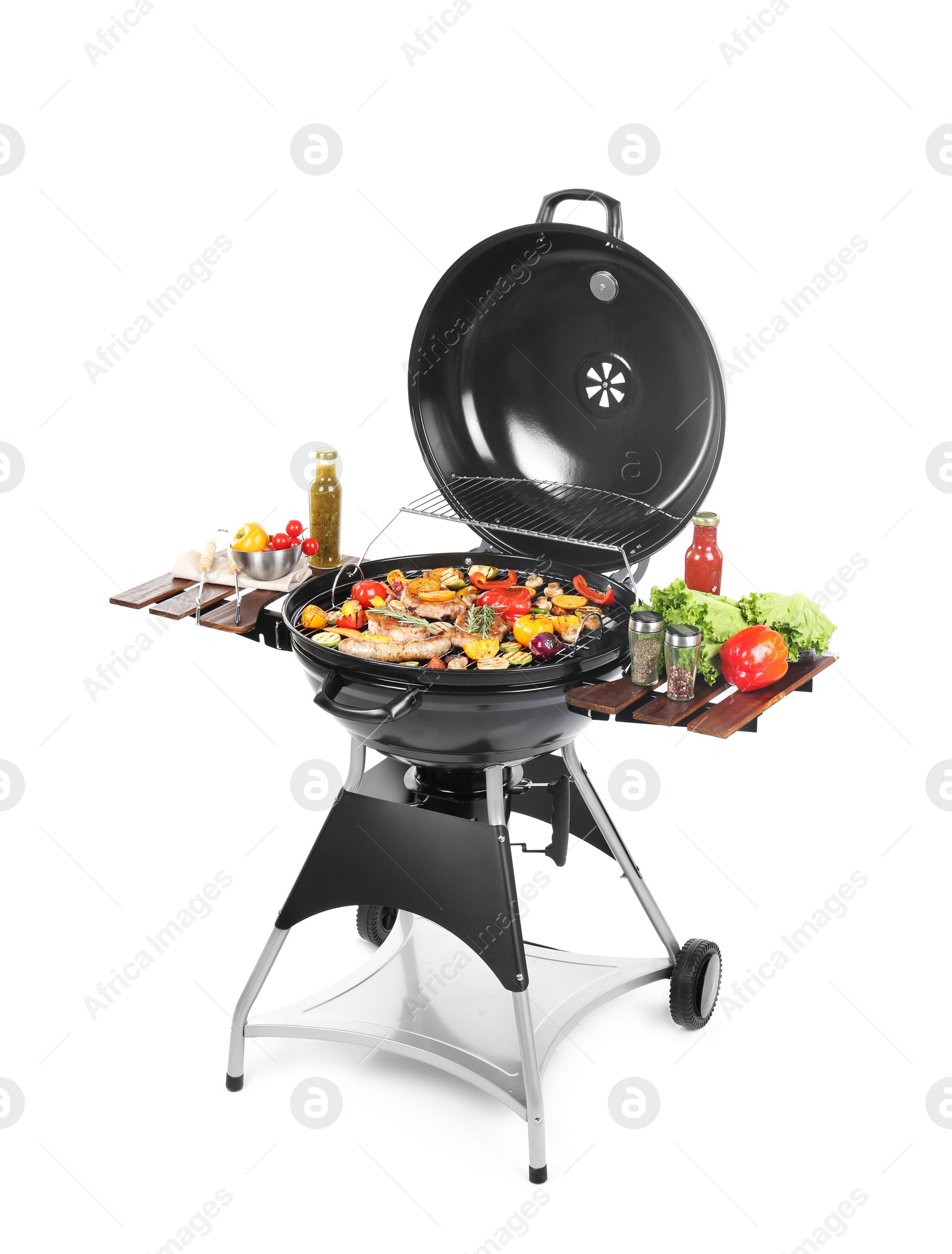 Photo of Modern barbecue grill with tasty food on white background