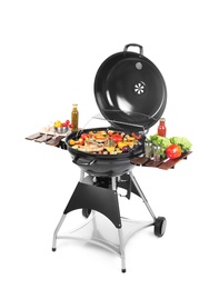 Photo of Modern barbecue grill with tasty food on white background