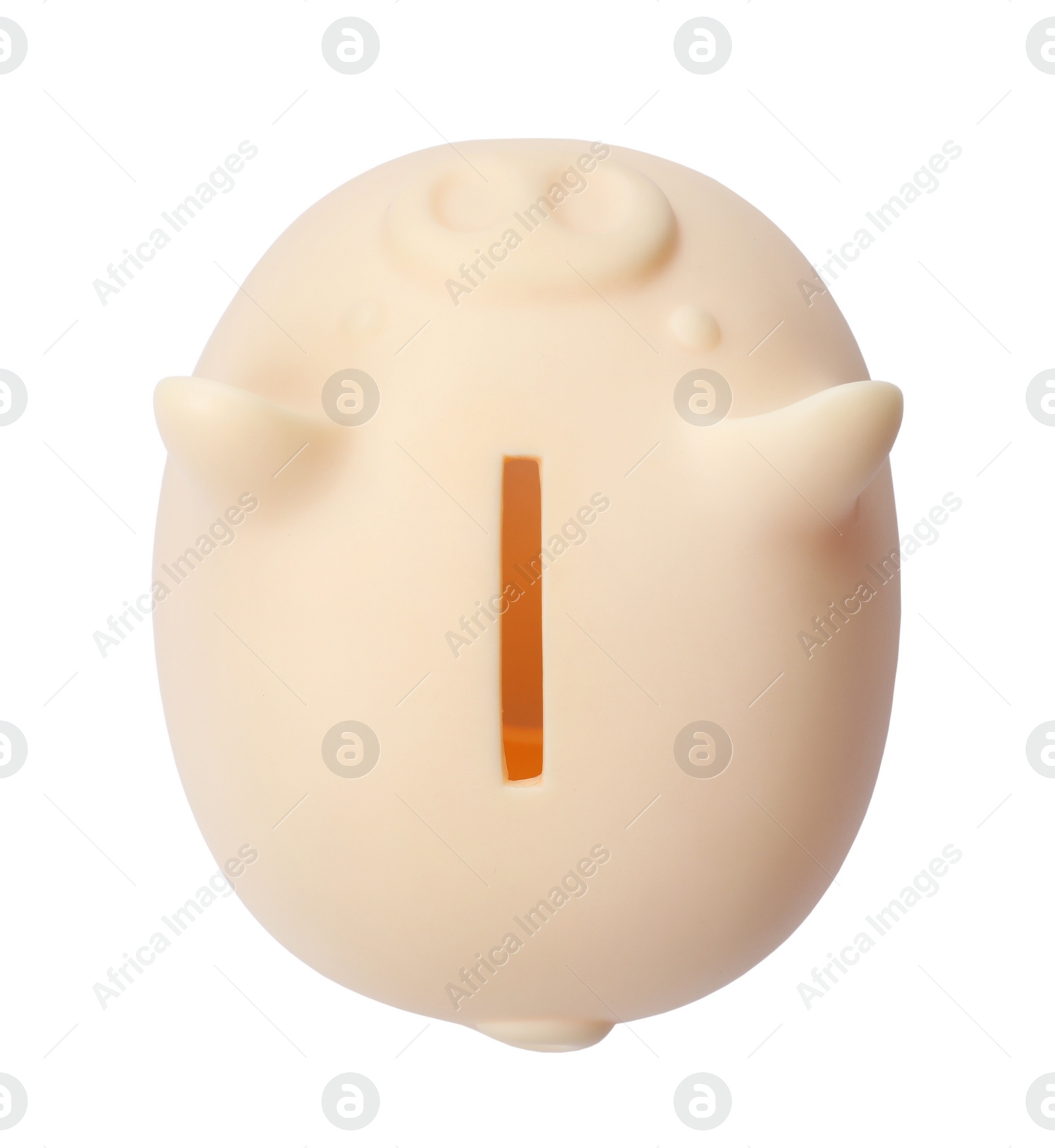 Photo of Cute piggy bank on white background, top view. Money saving