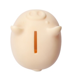 Photo of Cute piggy bank on white background, top view. Money saving