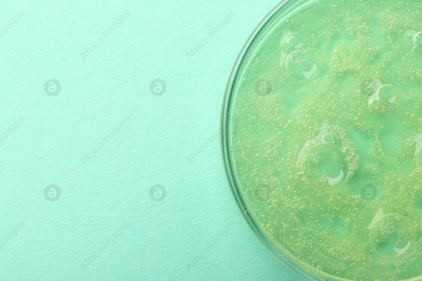Photo of Petri dish with color liquid sample on light blue background, top view. Space for text