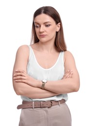 Photo of Beautiful adult businesswoman crossing arms on white background