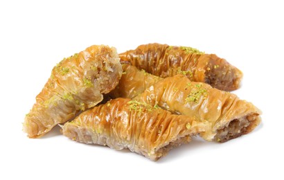 Photo of Delicious baklava with pistachios on white background