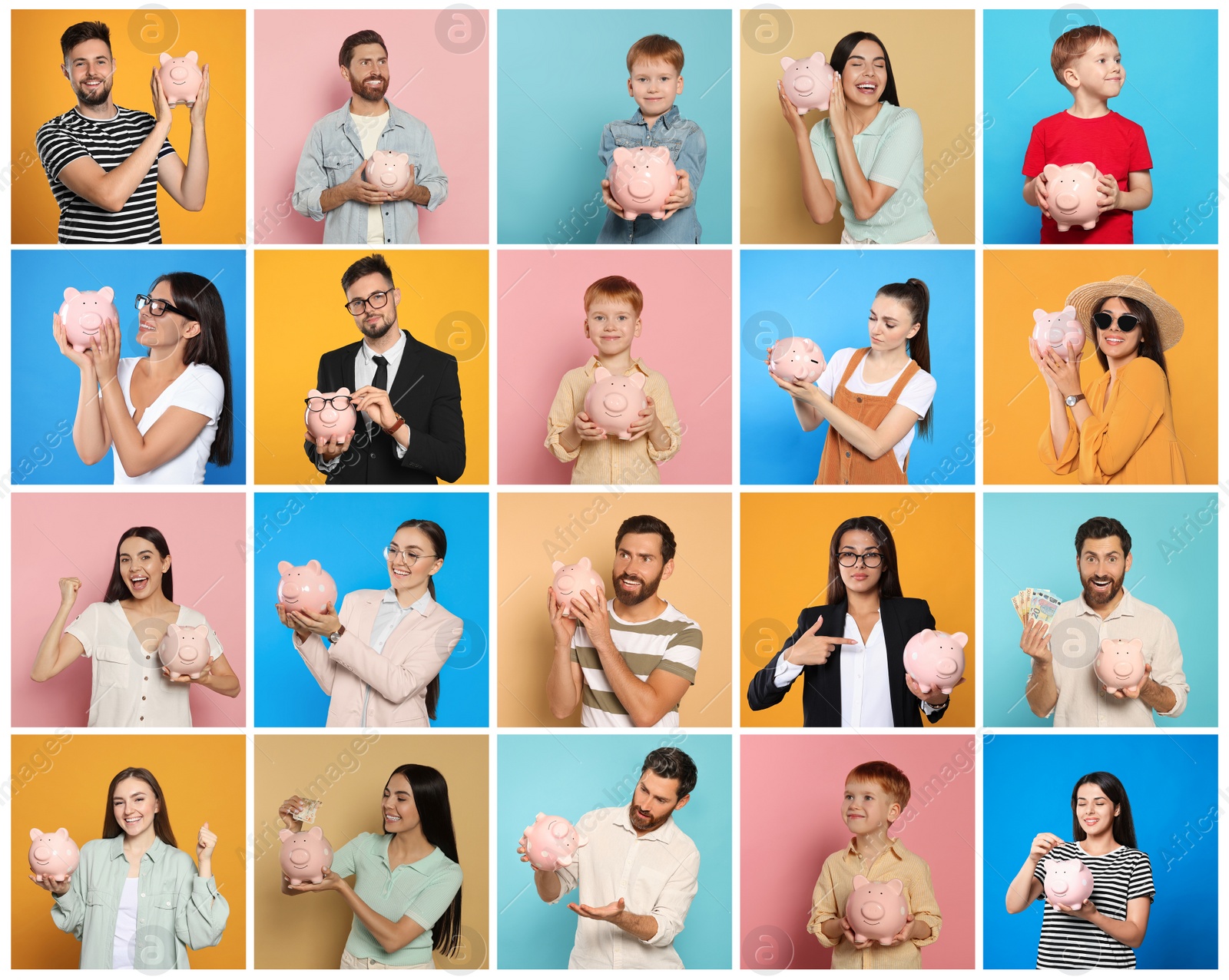 Image of Collage with photos of people holding ceramic piggy banks on different color backgrounds