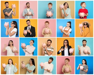 Collage with photos of people holding ceramic piggy banks on different color backgrounds
