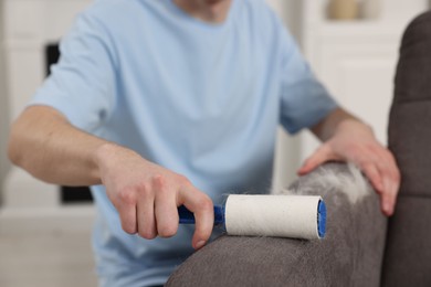 Photo of Pet shedding. Man with lint roller removing dog's hair from armchair at home, closeup