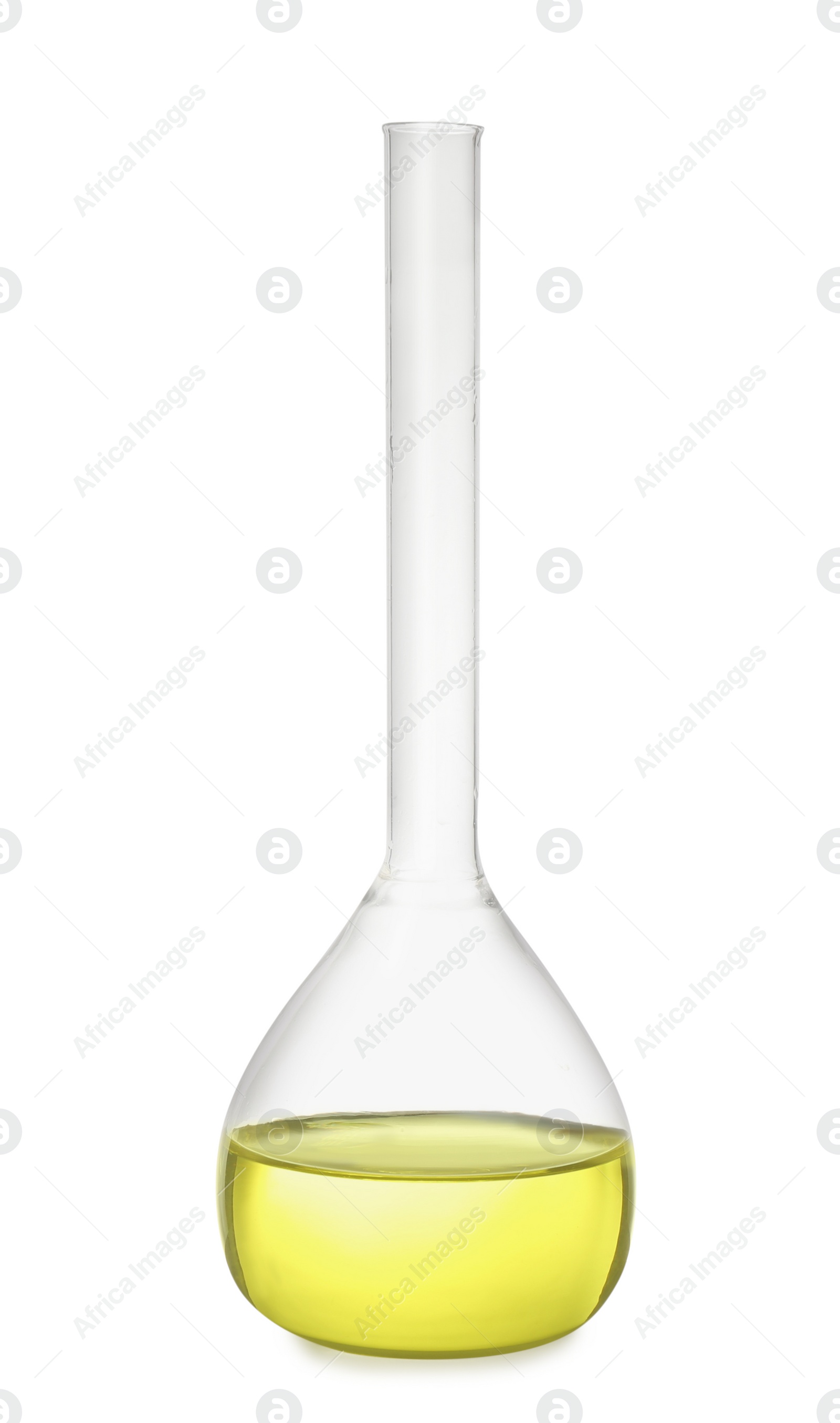 Photo of Volumetric flask with yellow liquid isolated on white